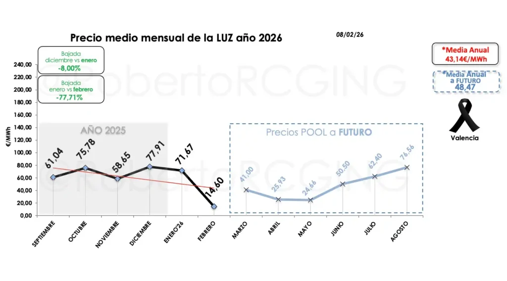 precio del pool eléctrico febrero 2026 20260208 meses año y futuro